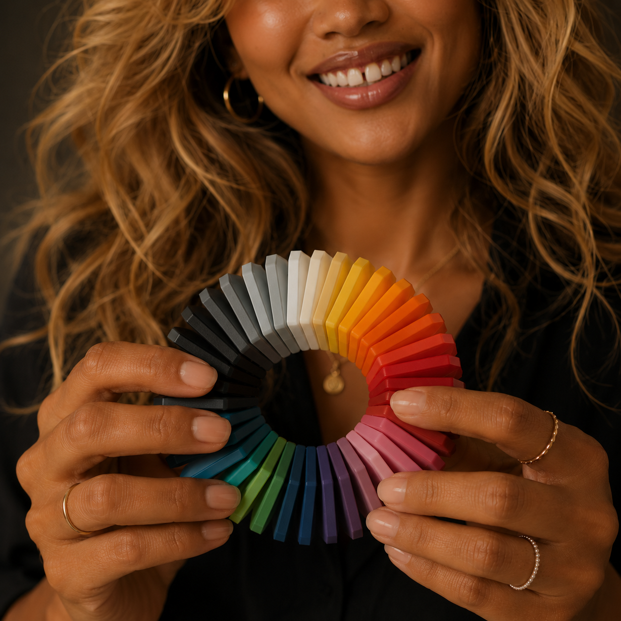 Lys holding a color wheel of PLA filament colors